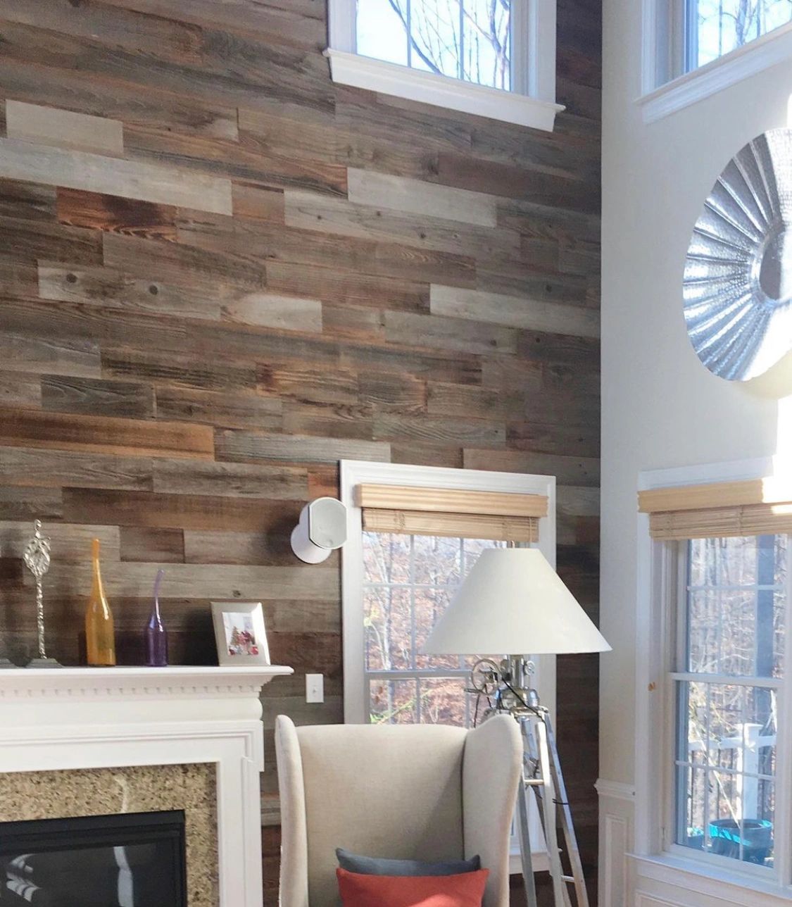 Two-story reclaimed wall. Reclaimed wood up a two-story great room.
