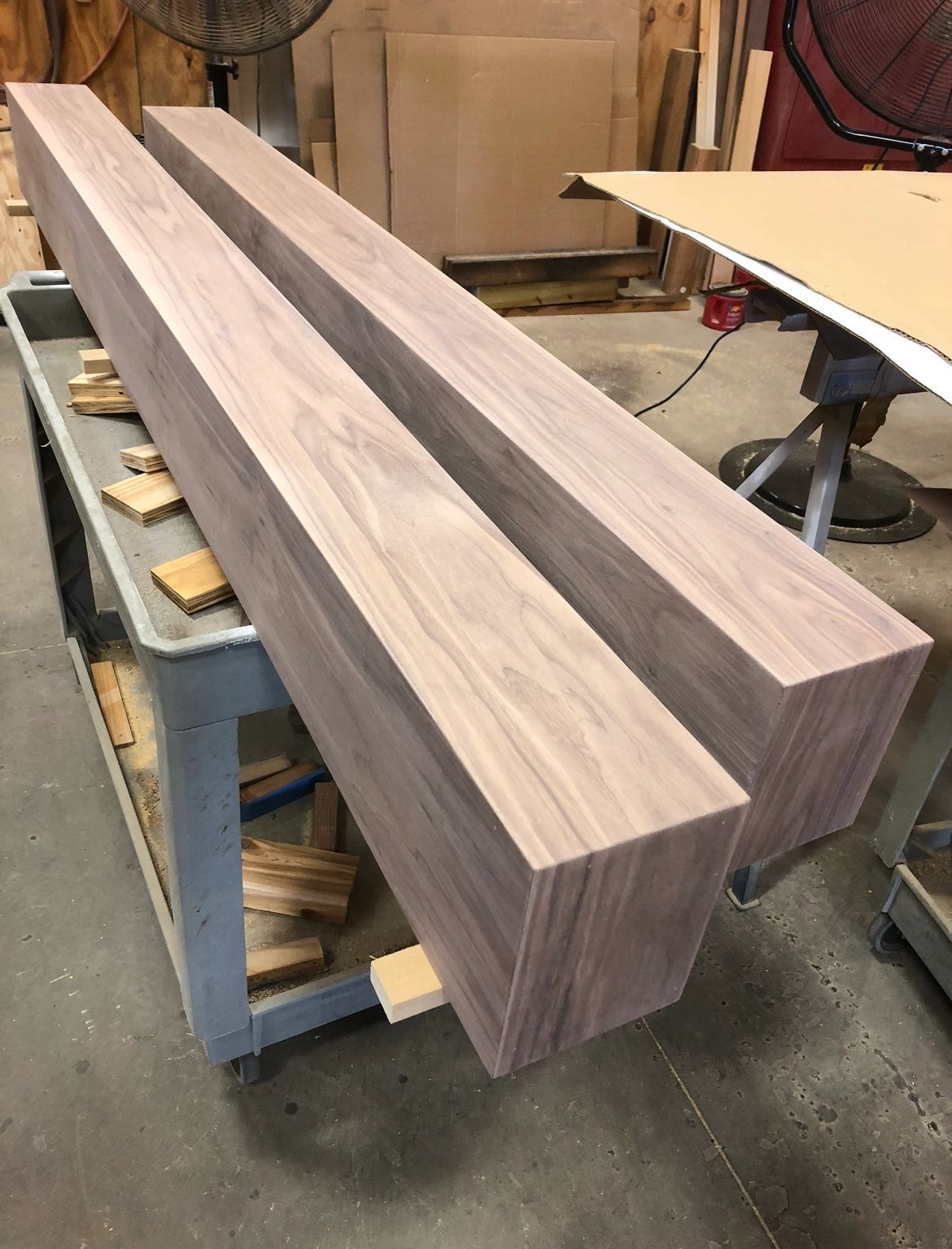 Box mantels on the bench. Mitered walnut boxes before finish.